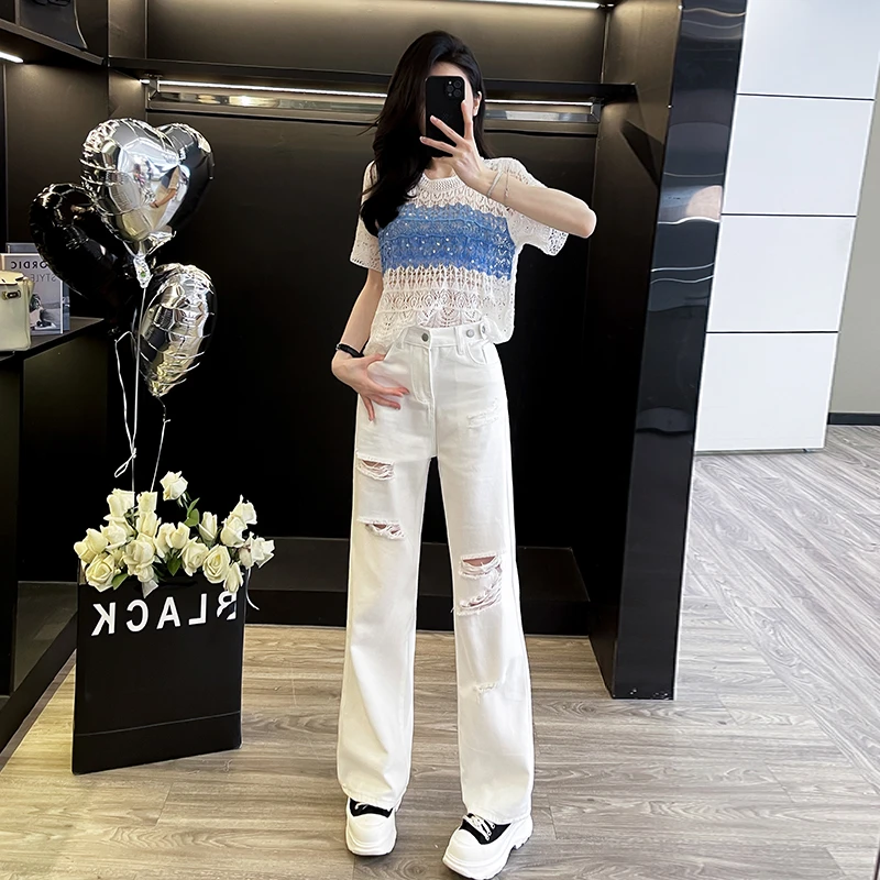 欧货重工烫钻镂空针织衫女夏季2025白色破洞牛仔裤女轻薄阔腿裤子