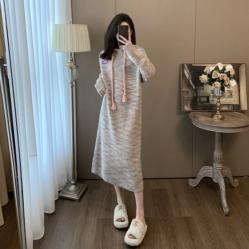 彩色连帽毛衣裙女秋冬加厚长款过膝宽松慵懒风打底内搭针织连衣裙
