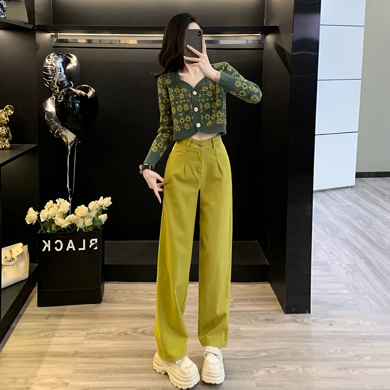 拼色短款针织开衫chic洋气毛衣外套女水洗直筒牛仔裤休闲阔腿裤子