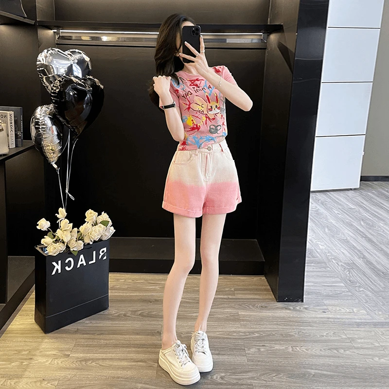 小个子穿搭一整套女夏季活泼减龄短袖T恤渐变短裤休闲时尚两件套
