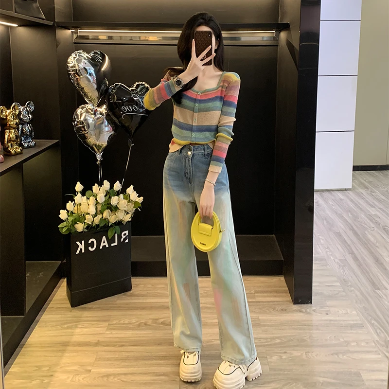 彩色条纹方领套头针织衫女秋冬新款毛衣时尚上衣宽松阔腿裤牛仔裤