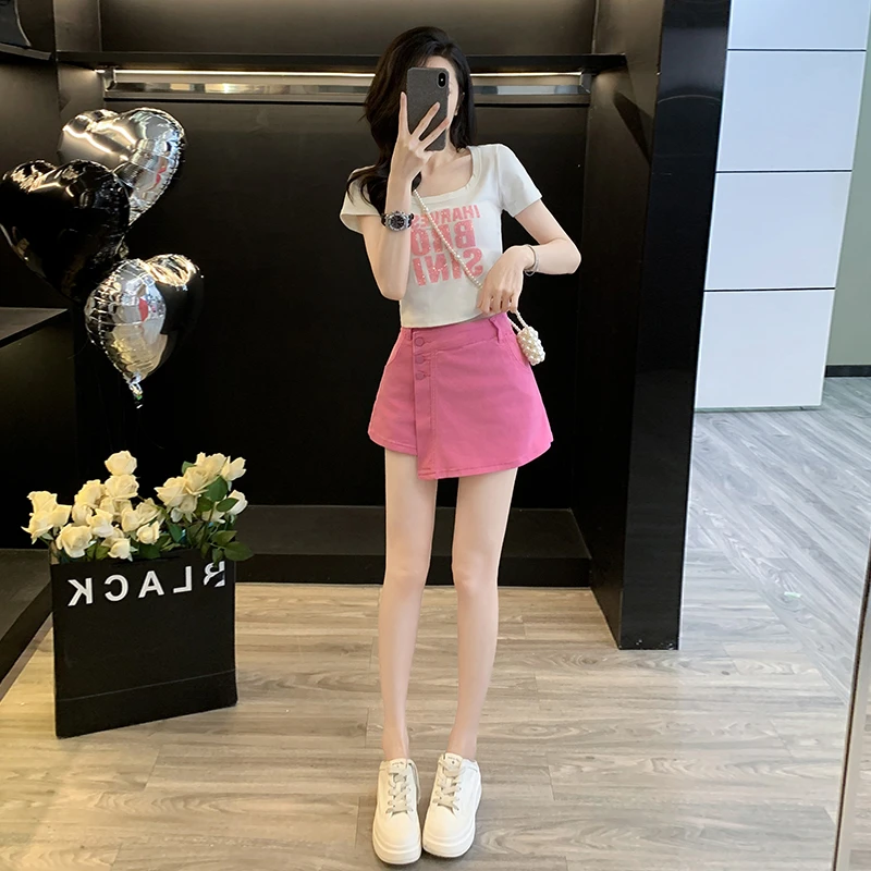 刺绣正肩t恤女甜辣修身短款上衣高腰辣妹牛仔包臀裙a字半身裙裤裙