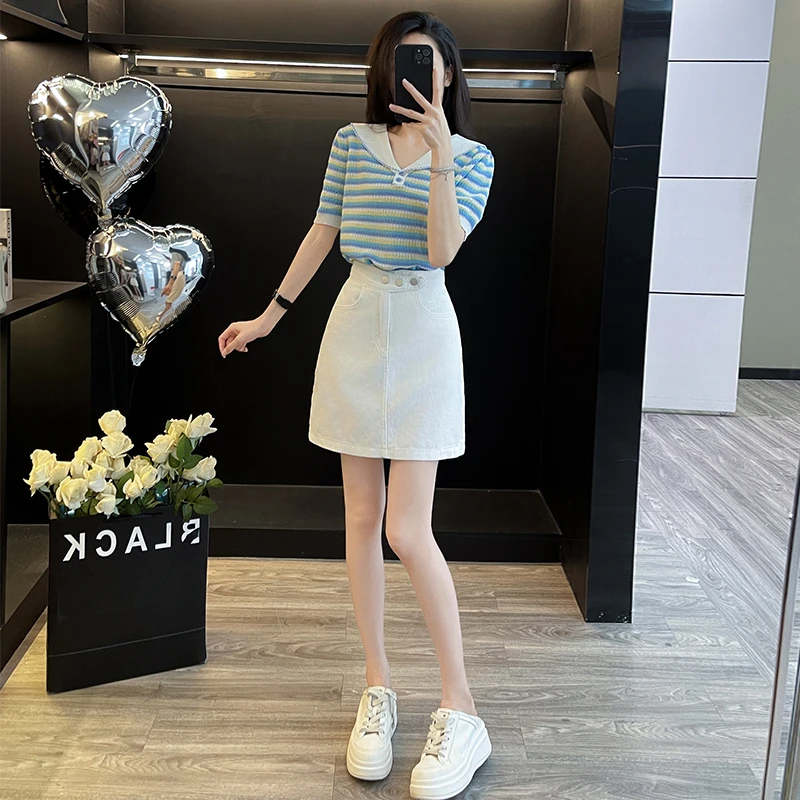 海军领条纹冰丝短袖针织衫女白色水洗棉弹牛仔短裙A字包臀半身裙