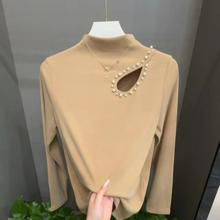 2024冬季新款大码双面磨毛薄绒显瘦遮肉百搭蕾丝钉珠设计感T恤760