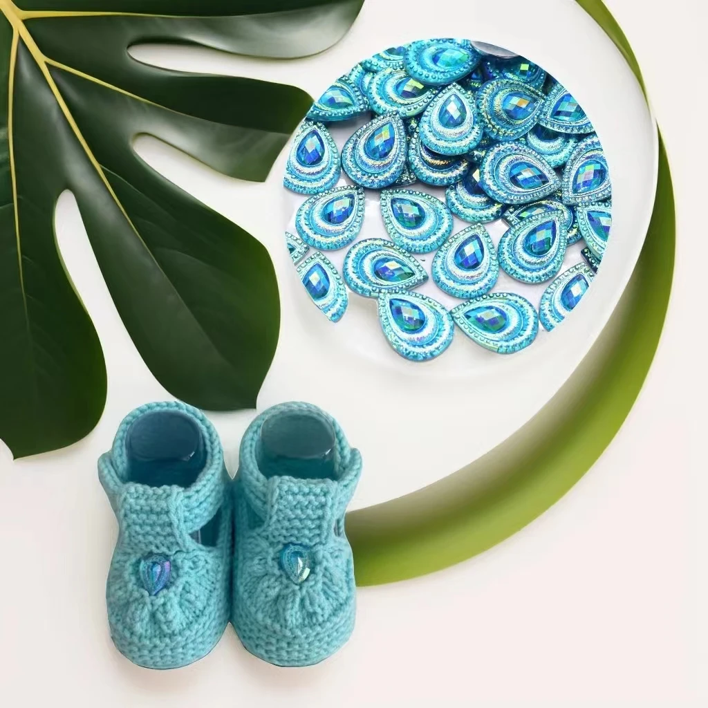 新款孔雀开屏宝宝鞋水滴形树脂钻贴凤尾钻贴花贴DIY装饰饰品配件