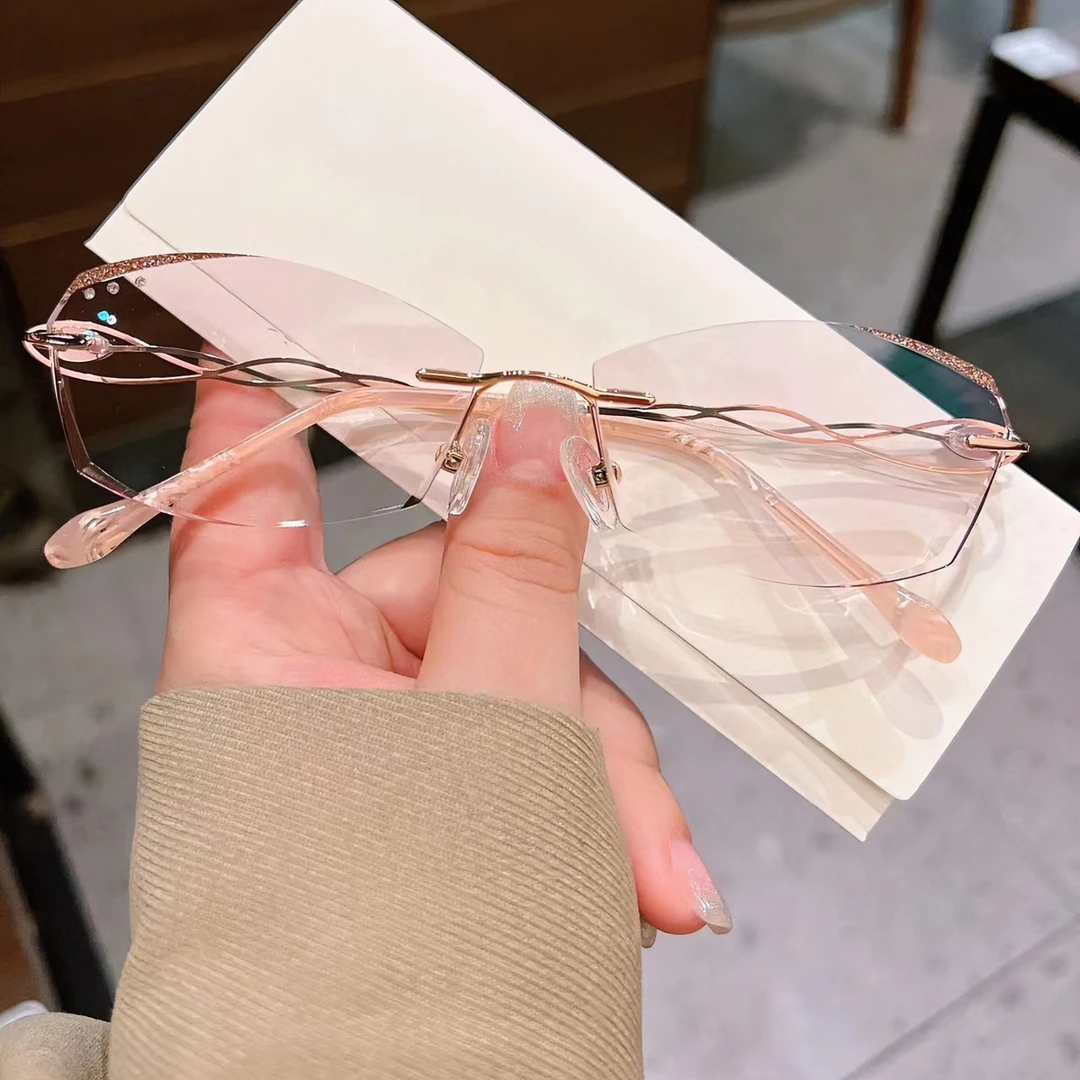 钻石切边无框眼镜近视女网上配镜可配有度数防蓝光无边框超轻镜框