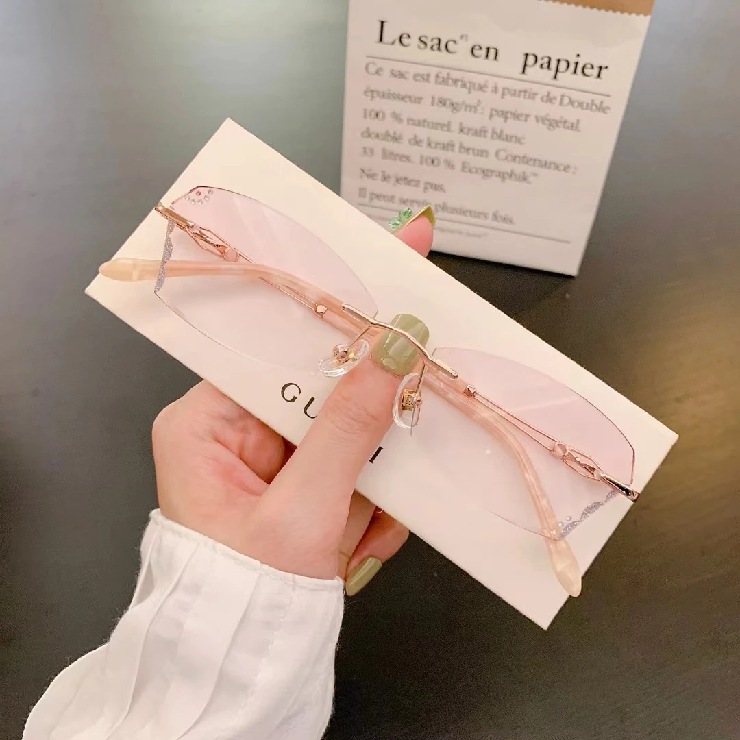 超轻无边框镶边近视眼镜女成品配度数变色防蓝光平光护目眼睛女