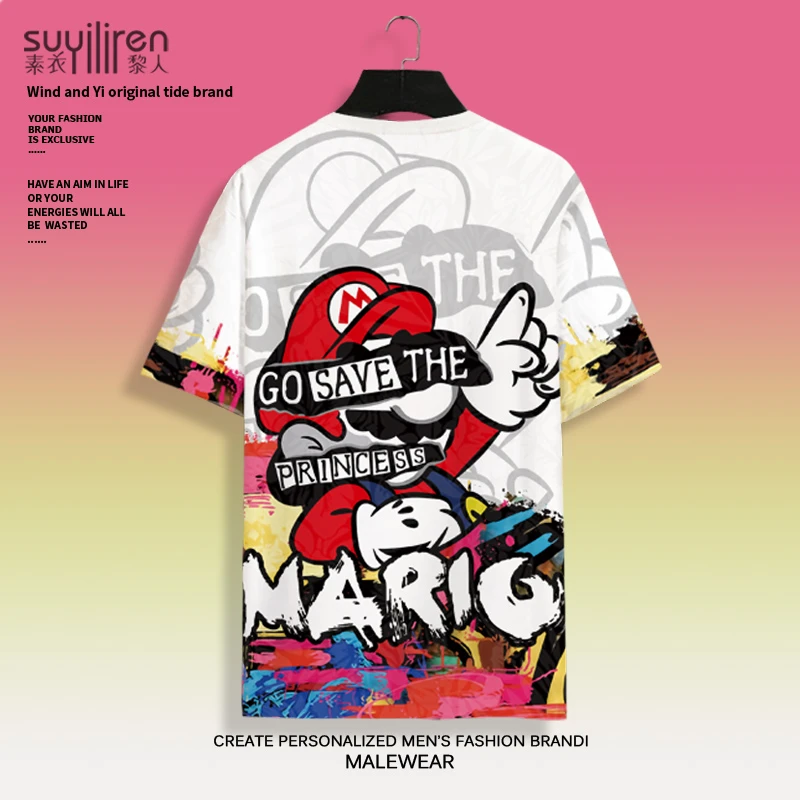 卡通印花短袖T恤男2025新款青少年二次元圆领半袖oversize体恤衫