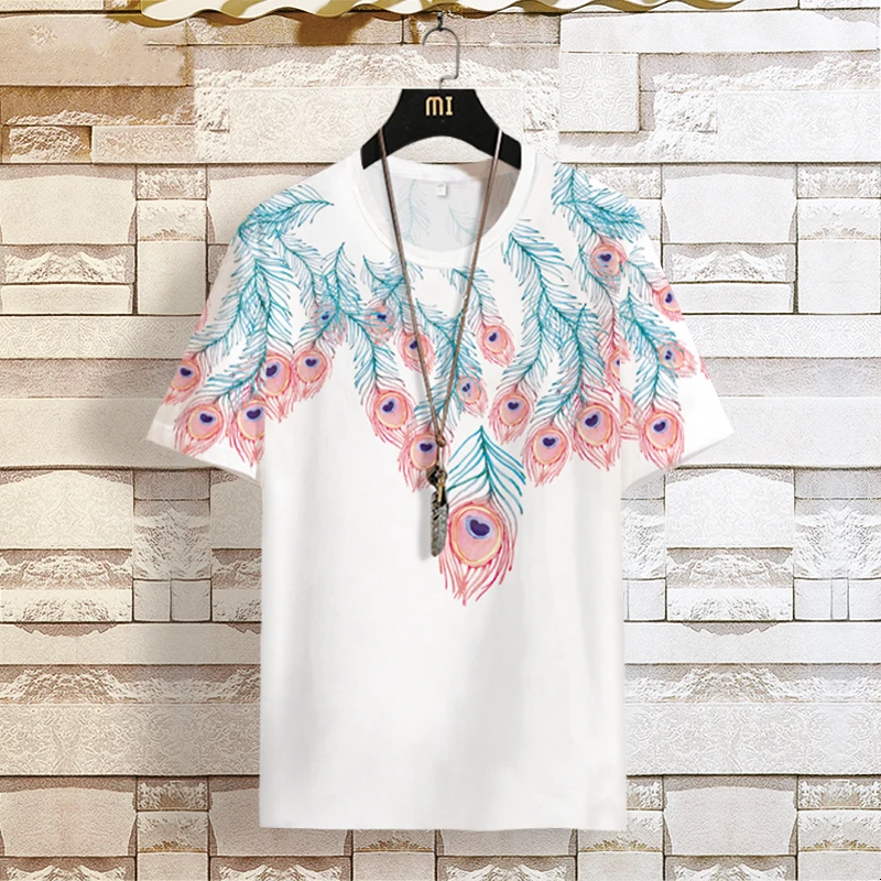 夏季男士短袖T恤大码加肥羽毛印花半袖潮流运动冰丝速干青年体恤