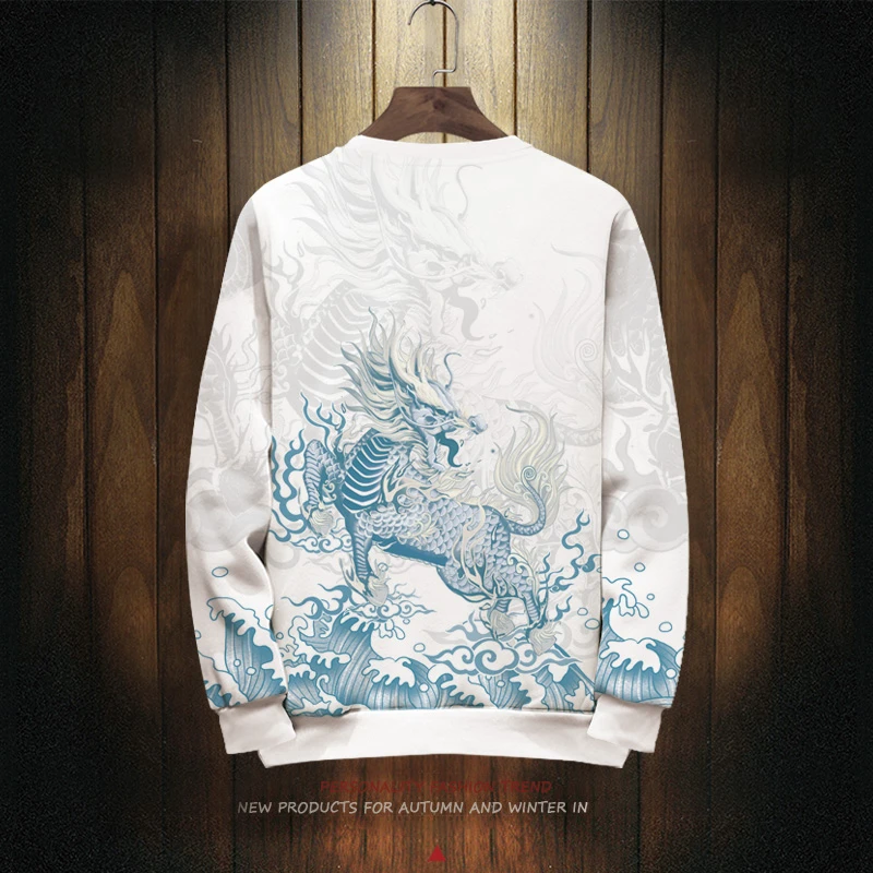 国潮圆领卫衣男士长袖国潮麒麟图案外套春季薄款上衣复古衣服大码