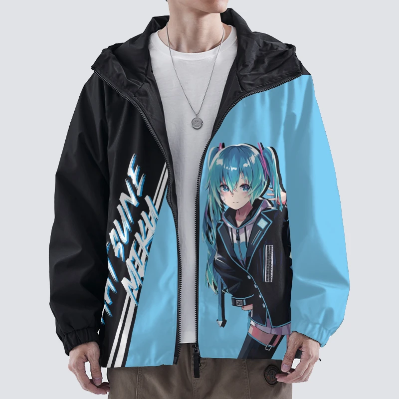 ins潮牌连帽夹克男士秋季初音未来印花薄款外套动漫大码加肥上衣