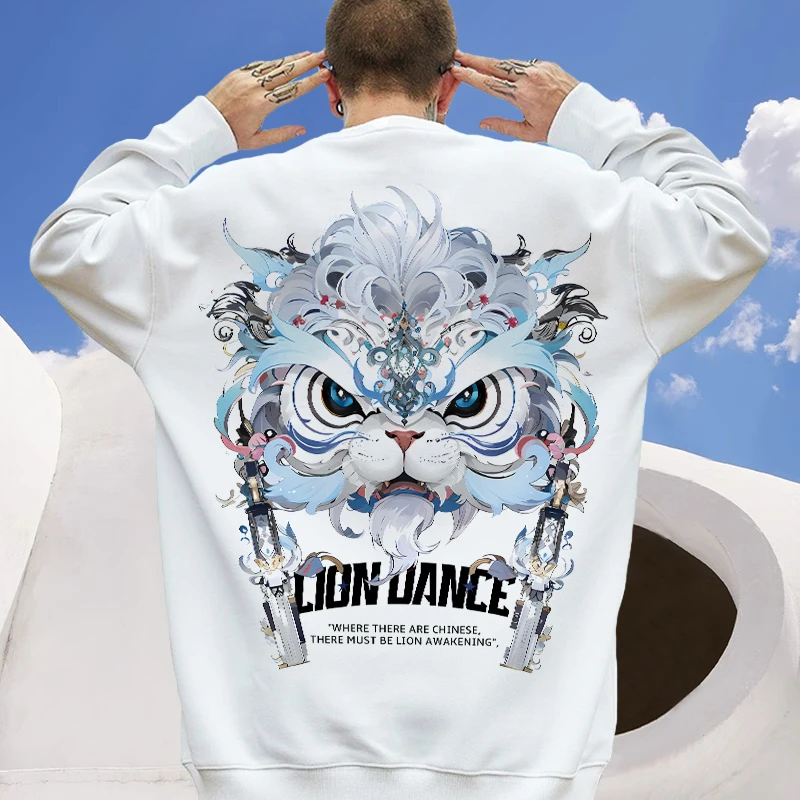 国潮卫衣男秋冬款圆领套头长袖T恤国风醒狮印花休闲潮流加绒外套