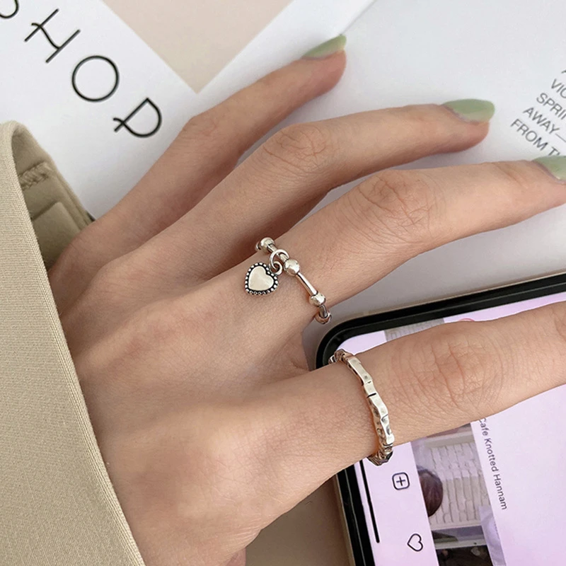 韩版不规则褶皱爱心开口戒指女设计小众简约气质百搭复古做旧指环