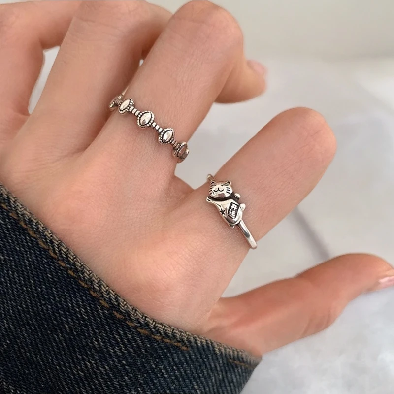 韩版做旧开运猫戒指女做旧指环时尚复古小众设计开口可调节叠戴女