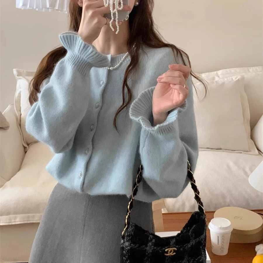 秋冬花瓣袖毛衣针织开衫外套女2024独特别致上衣时尚百搭圆领