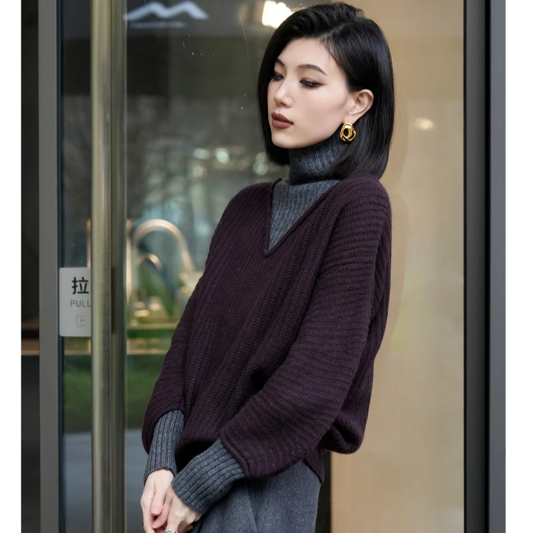 POPULARYW【海芋恋】Z·R上品屋 高领拼接撞色宽松假两件针织衫