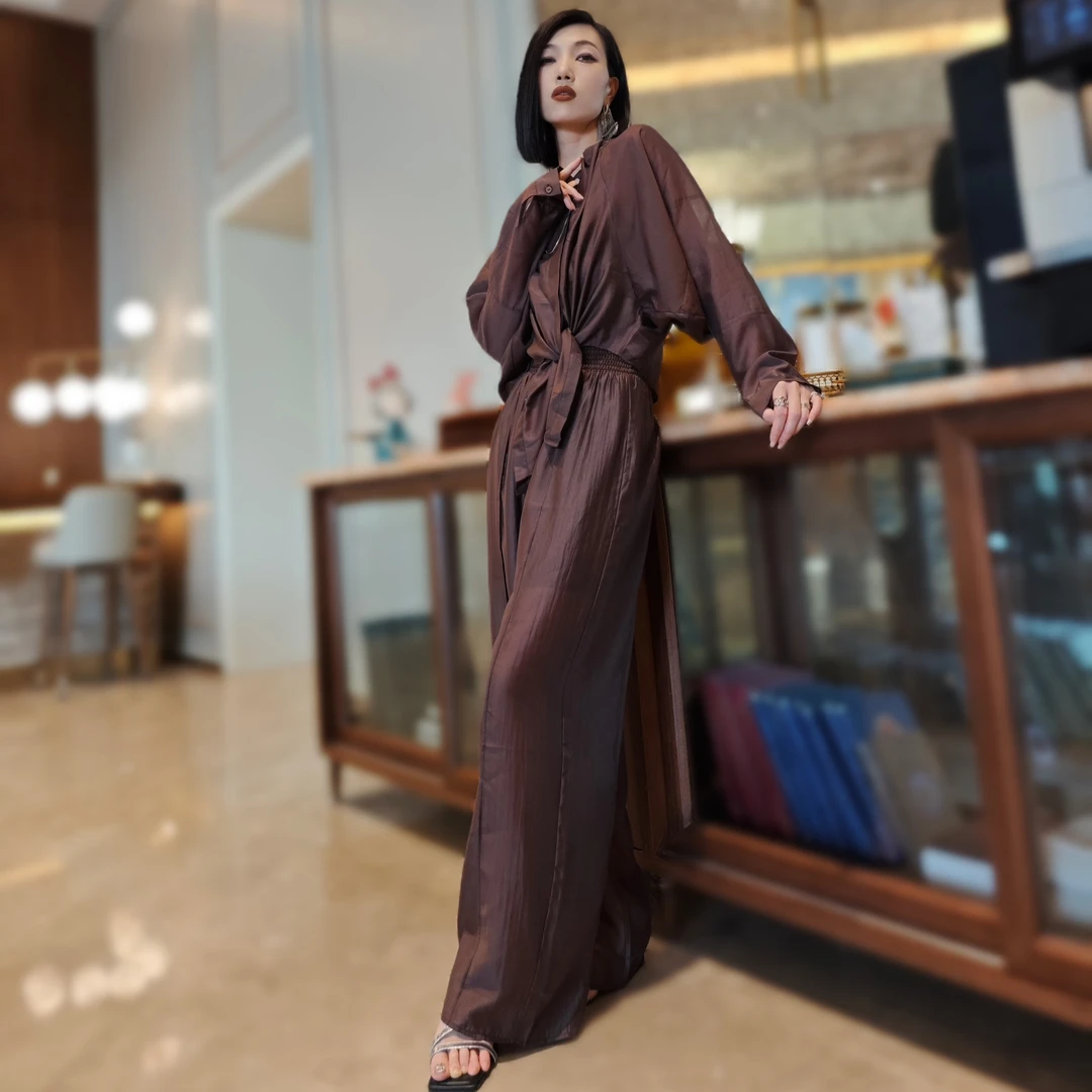 【特价款--胡桃木】Z.R上品屋咖色上衣松紧腰长裤洋气套装