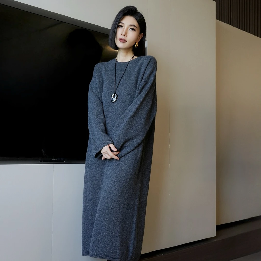 POPULARYW【停云霭霭】Z.R上品屋 秋冬圆领百搭纯色宽松羊毛连衣裙