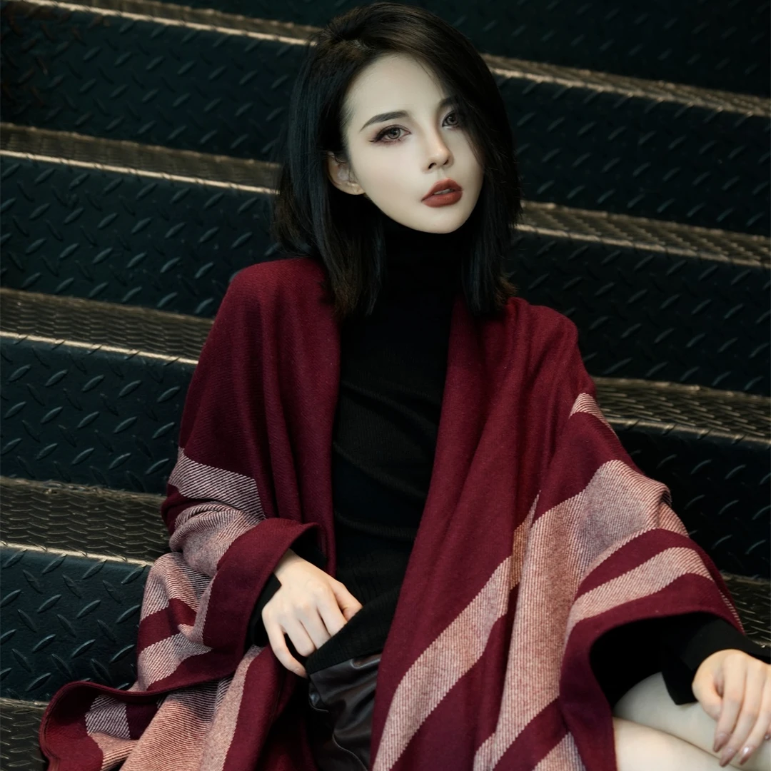 【帘栊如画】Z·R上品屋 秋冬竖条纹开叉流苏斗篷披肩