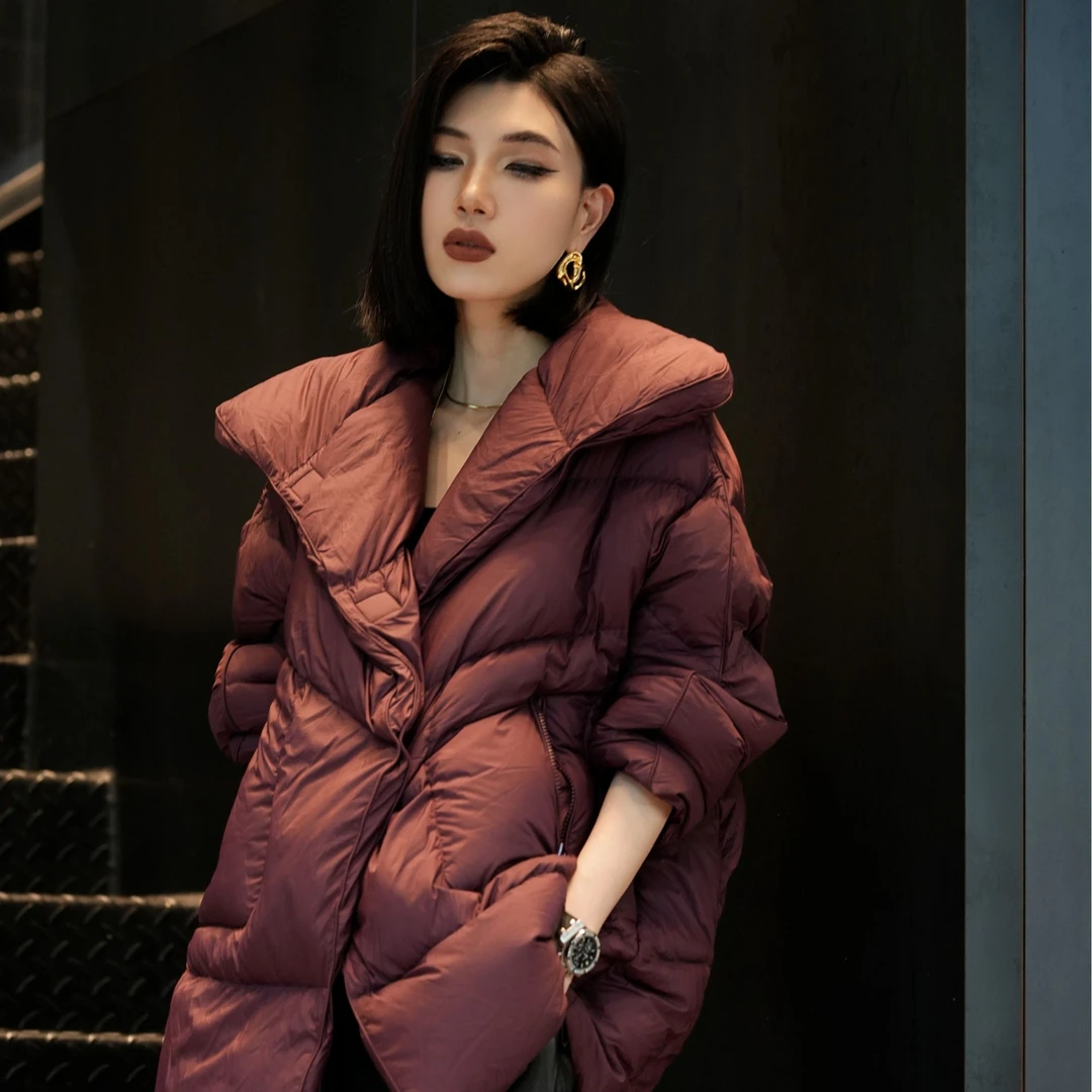 POPULARYW【晓月坠】Z·R上品屋 翻领分割斜纹中长款宽松羽绒服