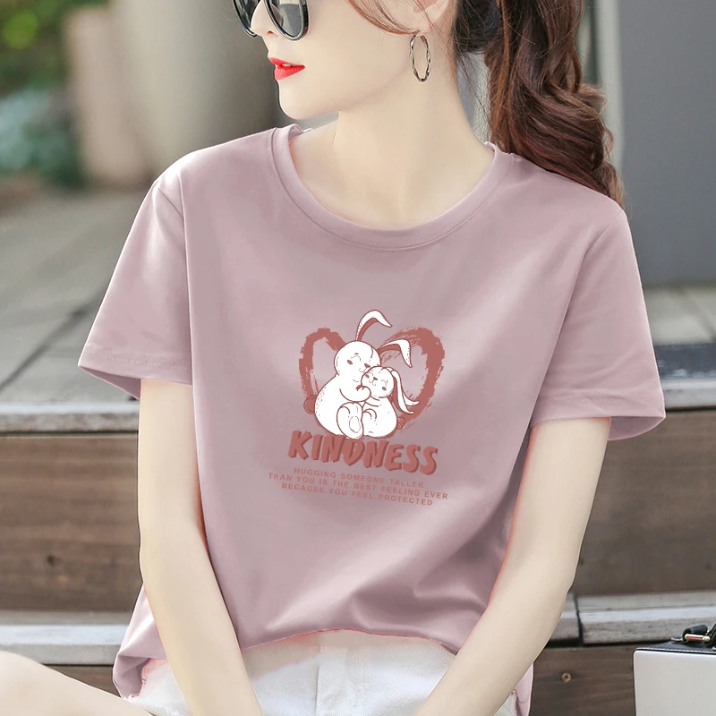 【纯棉】百搭休闲圆领T恤女韩系潮流时尚印花简约通勤舒适上衣ins