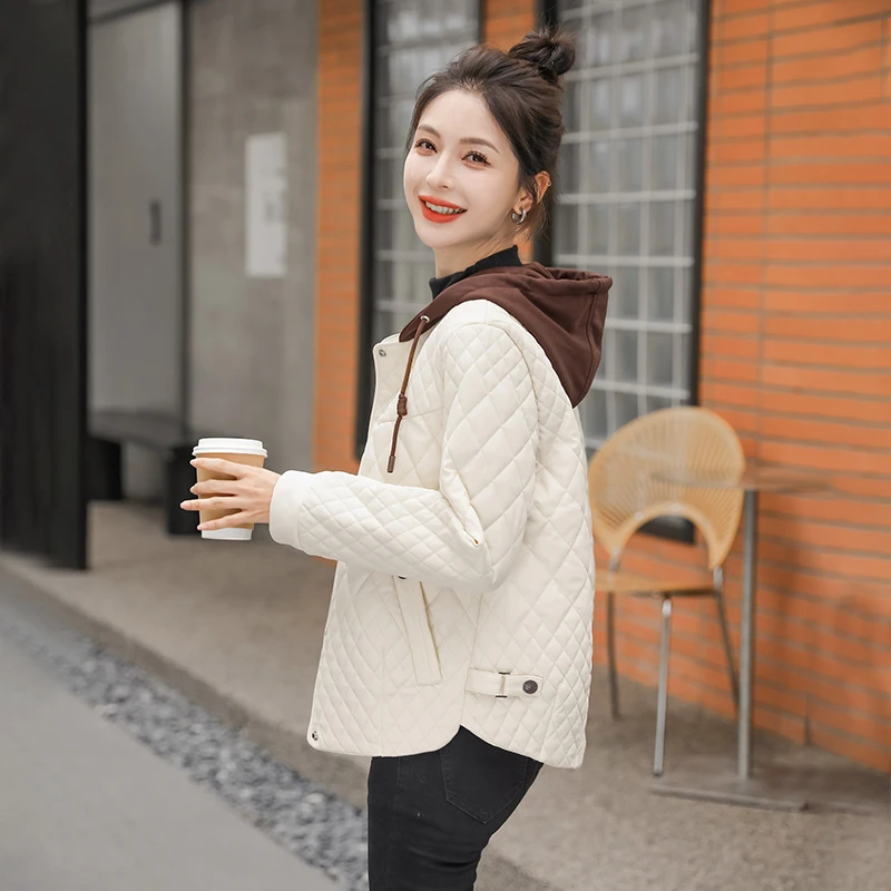 不裂皮轻薄棉服女短款秋冬新款2025年假两件连帽菱格夹棉棉衣外套