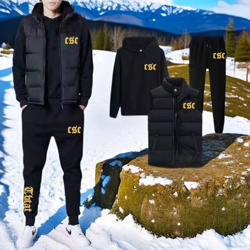 【双十一】秋冬男士新款马甲帽衫三件套休闲运动套装加绒套装加厚潮