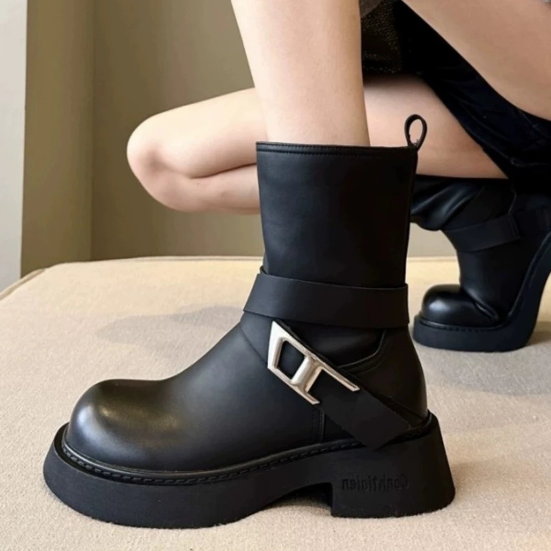 【lbs】~9330-1时尚百搭英伦风圆头厚底弹力复古加绒短靴冬季