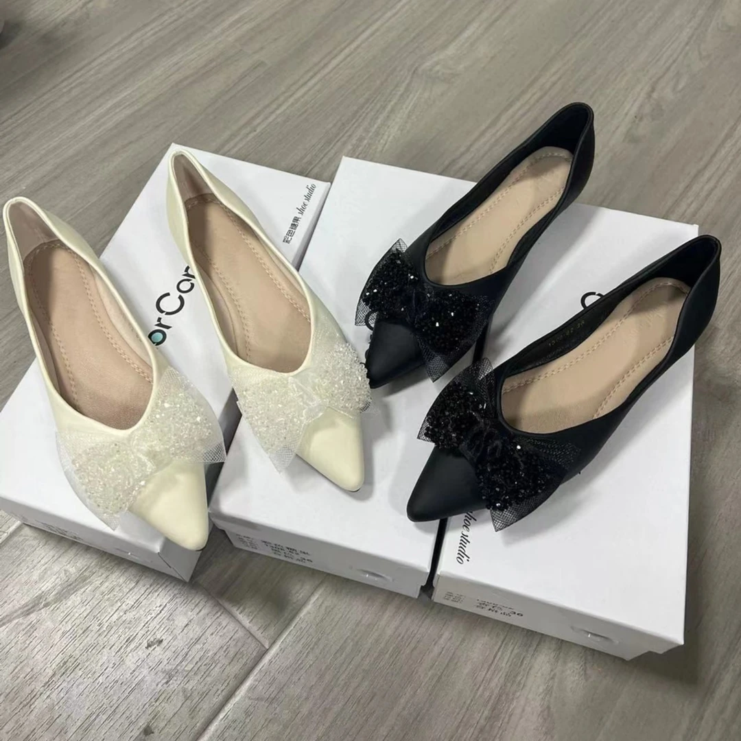 【样品】1308-62尖头蝴蝶结软面法式平底单鞋尖头平底鞋气质小香风