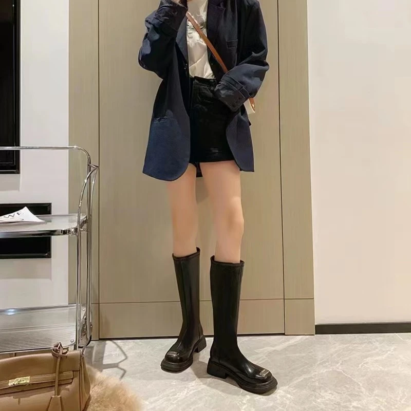 ~036低跟不过膝长筒靴时尚百搭英伦风加绒弹力厚底长靴