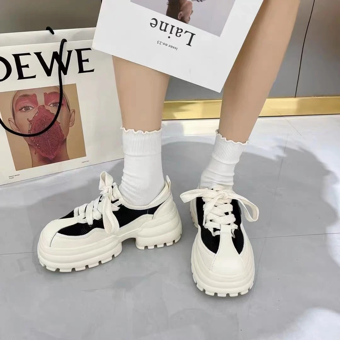 169-10真皮时尚百搭圆头透网潮流休闲板鞋夏季透气春季厚底