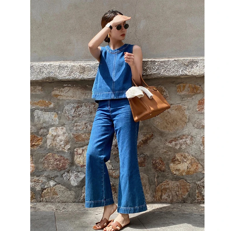 高智淡人蓝色牛仔马甲套装女夏季盐系轻熟干练气质御姐上衣两件套