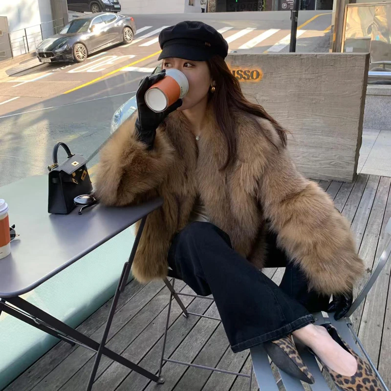 霜华映月晕染琥珀棕毛毛外套女冬季新款年轻短款大衣时尚百搭上衣