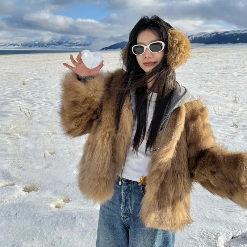 【霜华映月】晕染霜色年轻毛毛外套女冬季新款短款大衣防寒保暖上衣