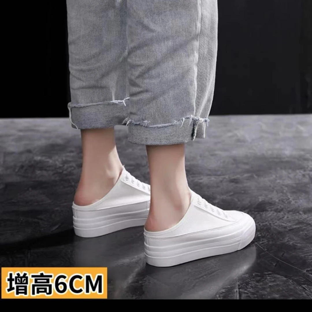 奈奈家 1286【半拖增高帆布鞋】小个子改版0321白鞋休闲夏季厚底