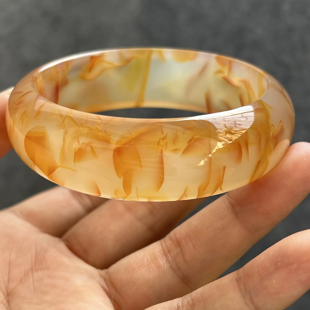 精品纯天然原色玛瑙玉髓手镯粉红龙纹通透润泽甜美显贵气玉镯62.5