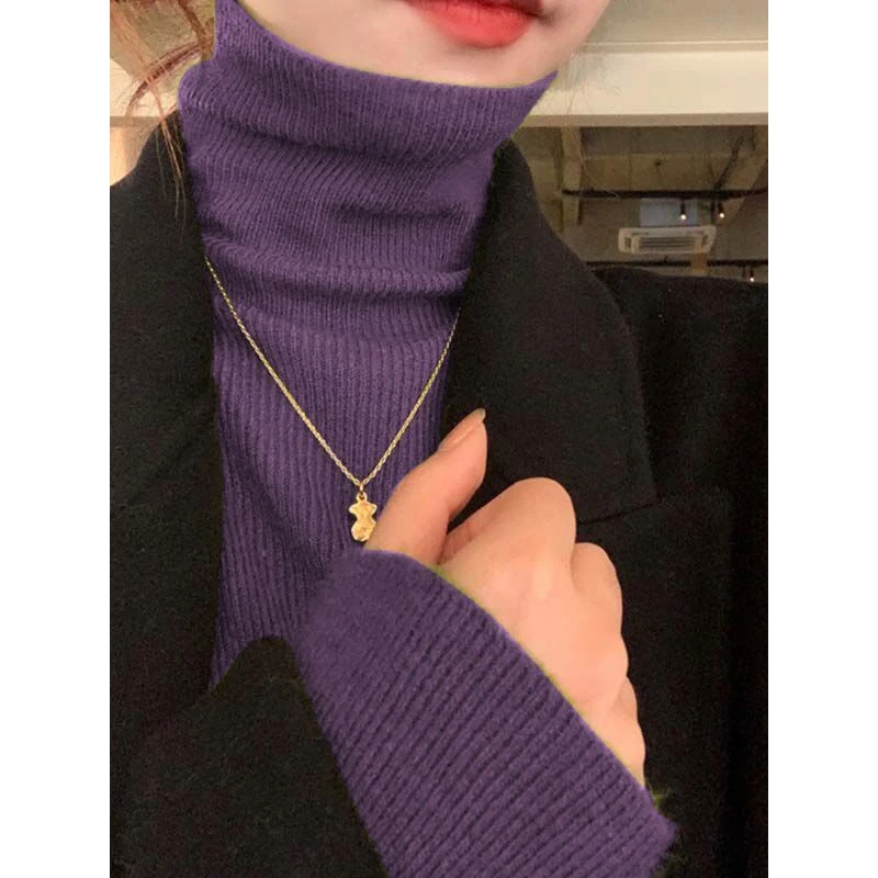 紫色堆堆领针织毛衣女秋冬2024新款打底衫爆洋气修身显瘦高领上衣