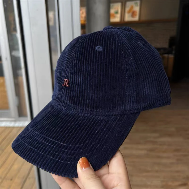 新款简约字母刺绣灯芯绒棒球帽子男女秋冬百搭韩版大头围鸭舌帽潮