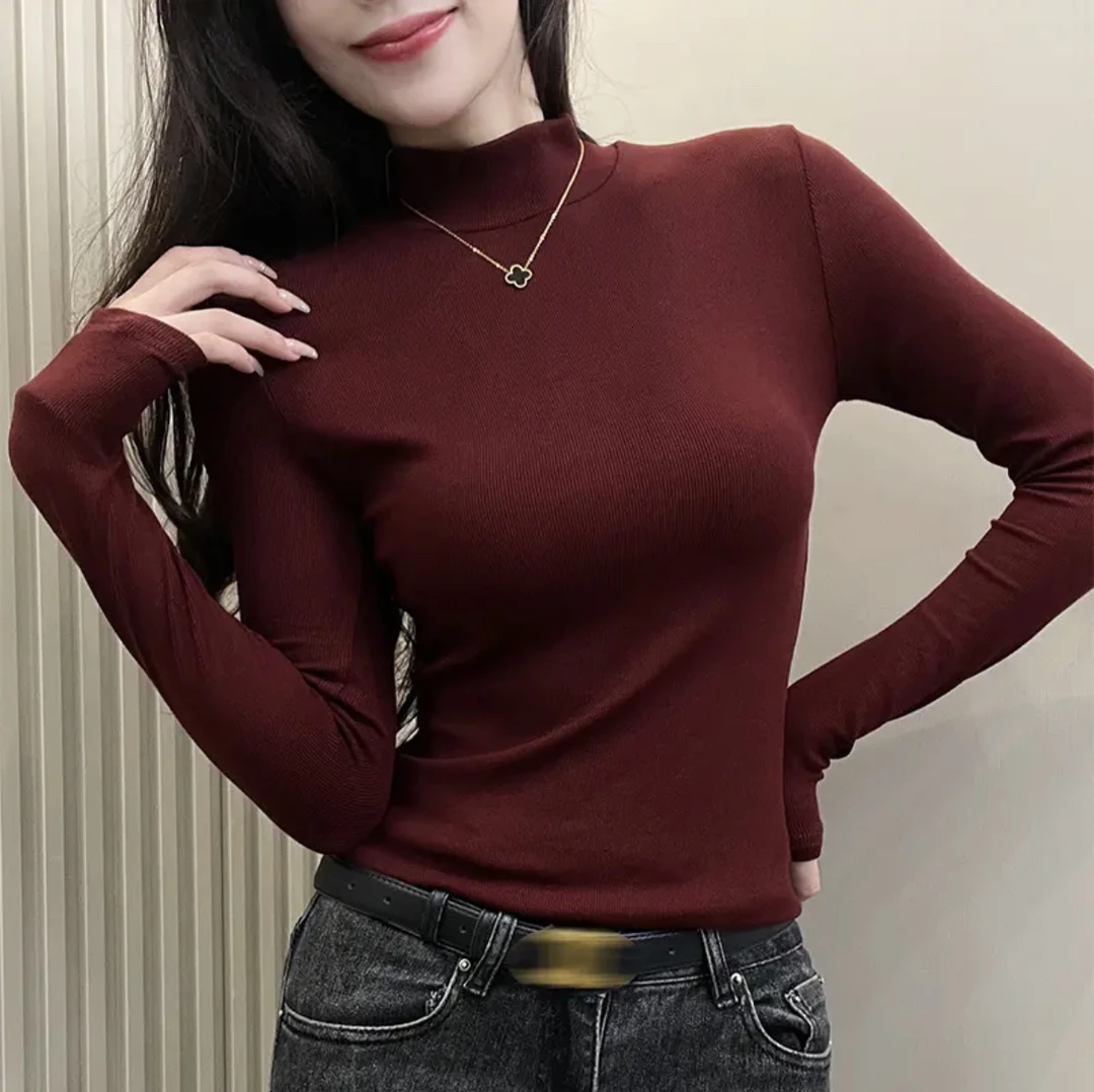 【打底衫两件】螺纹半高领打底衫女内搭长袖秋冬季显瘦百搭修身上衣