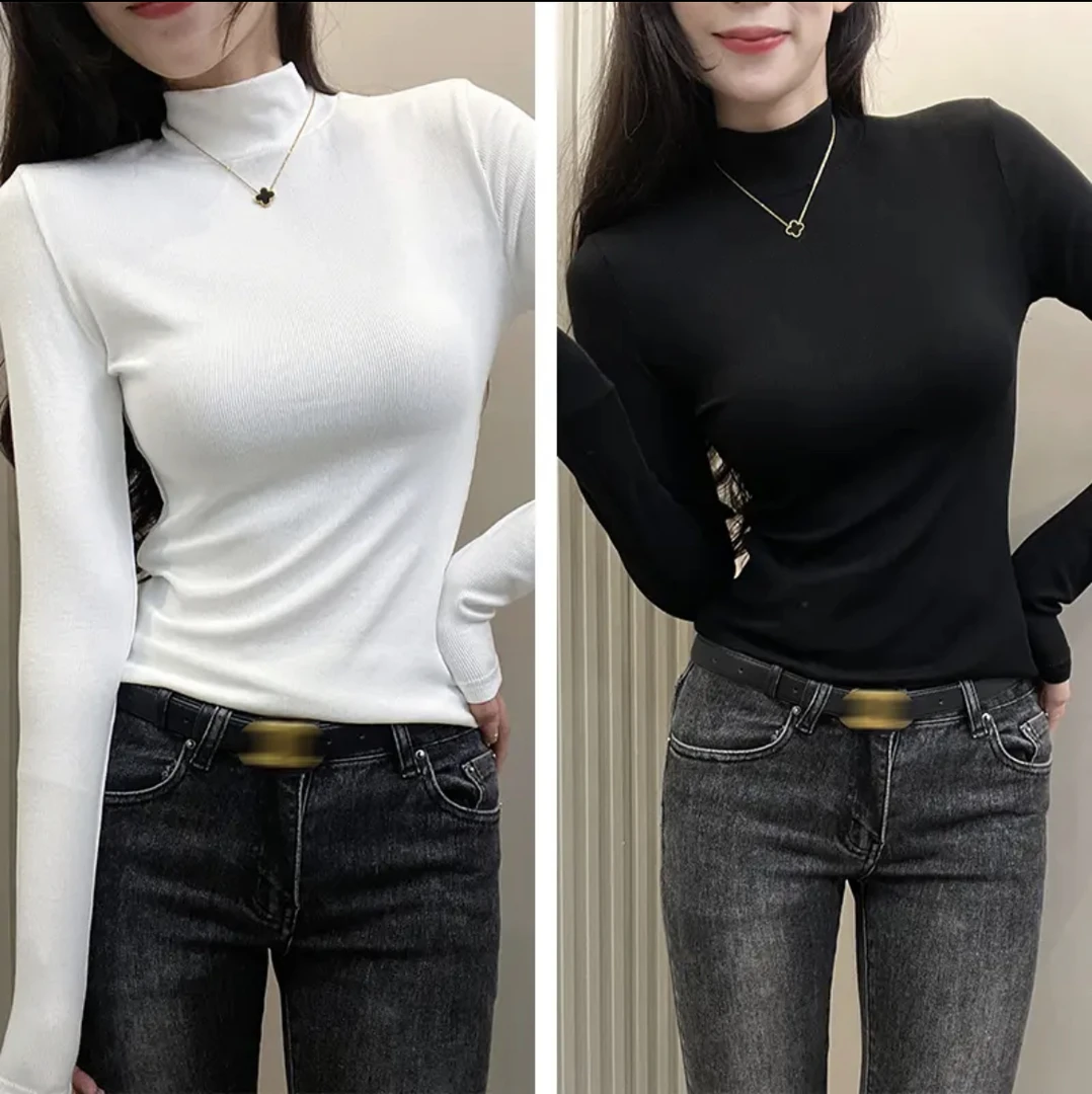 【两件装】打底衫女秋冬圆领长袖内搭修身显瘦黑色上衣遮肚子打底衫