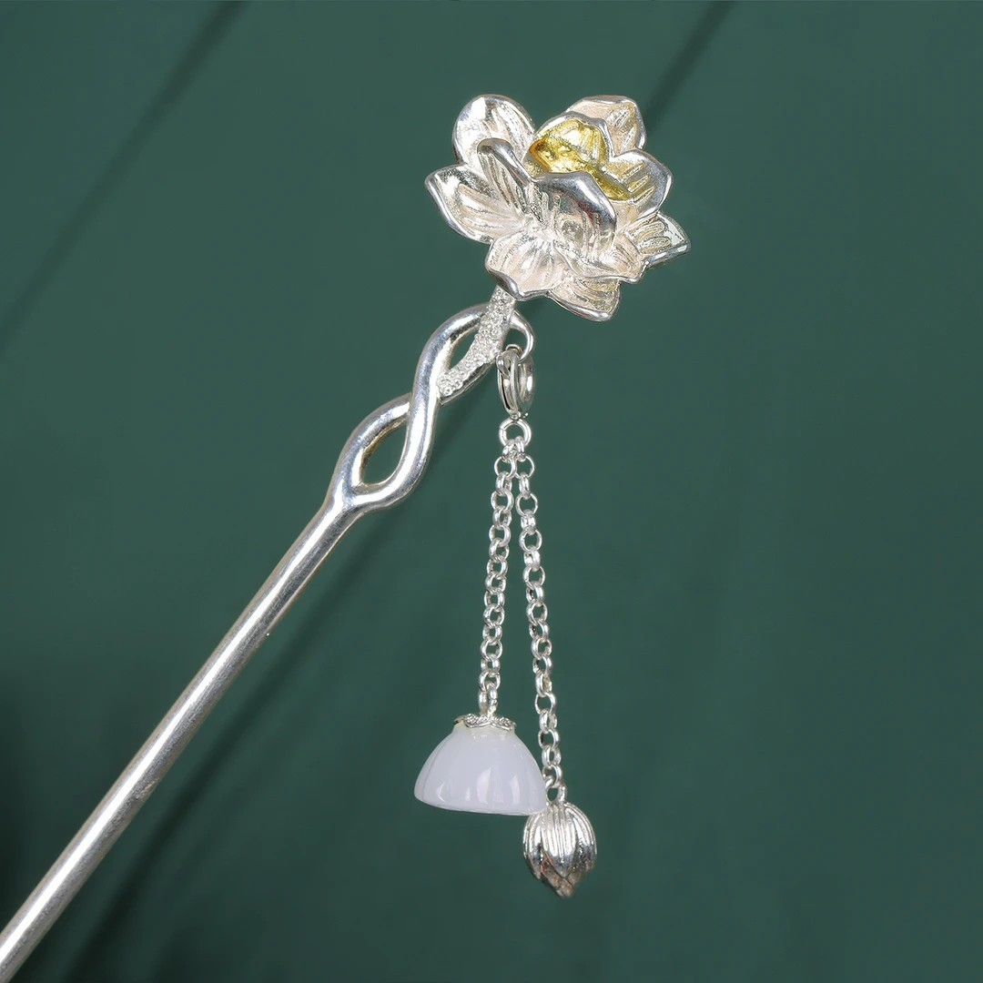 荷花发簪古风s925镀莲蓬流苏步摇中国风发钗送女朋友礼物盘发簪