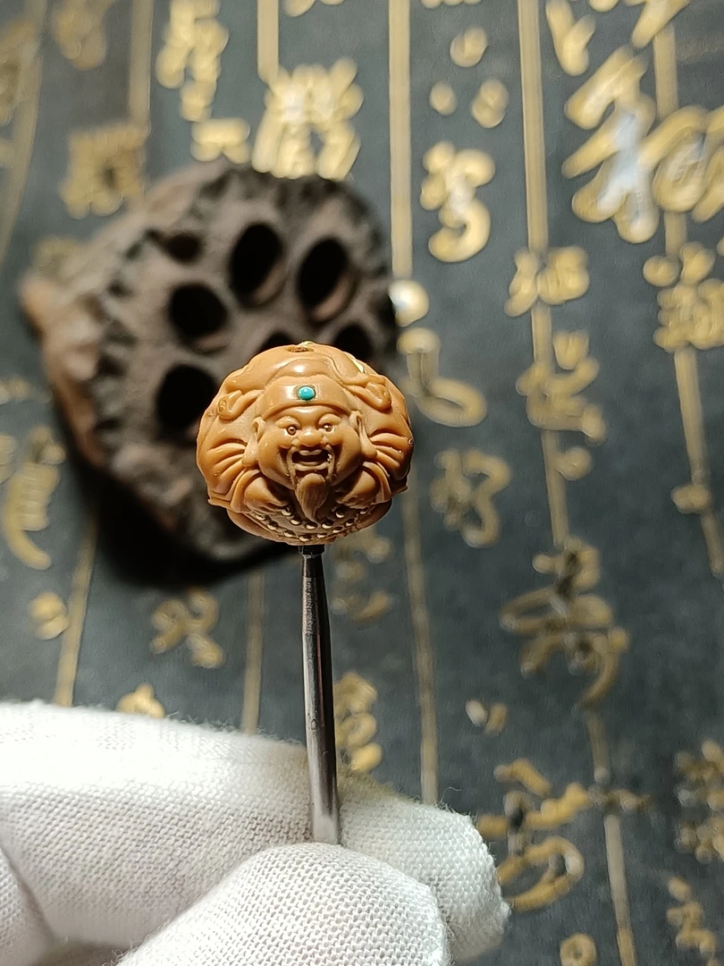 猴头核桃雕刻财神文玩配饰黄铜镶嵌单籽珠子原皮原色不泡药男女款