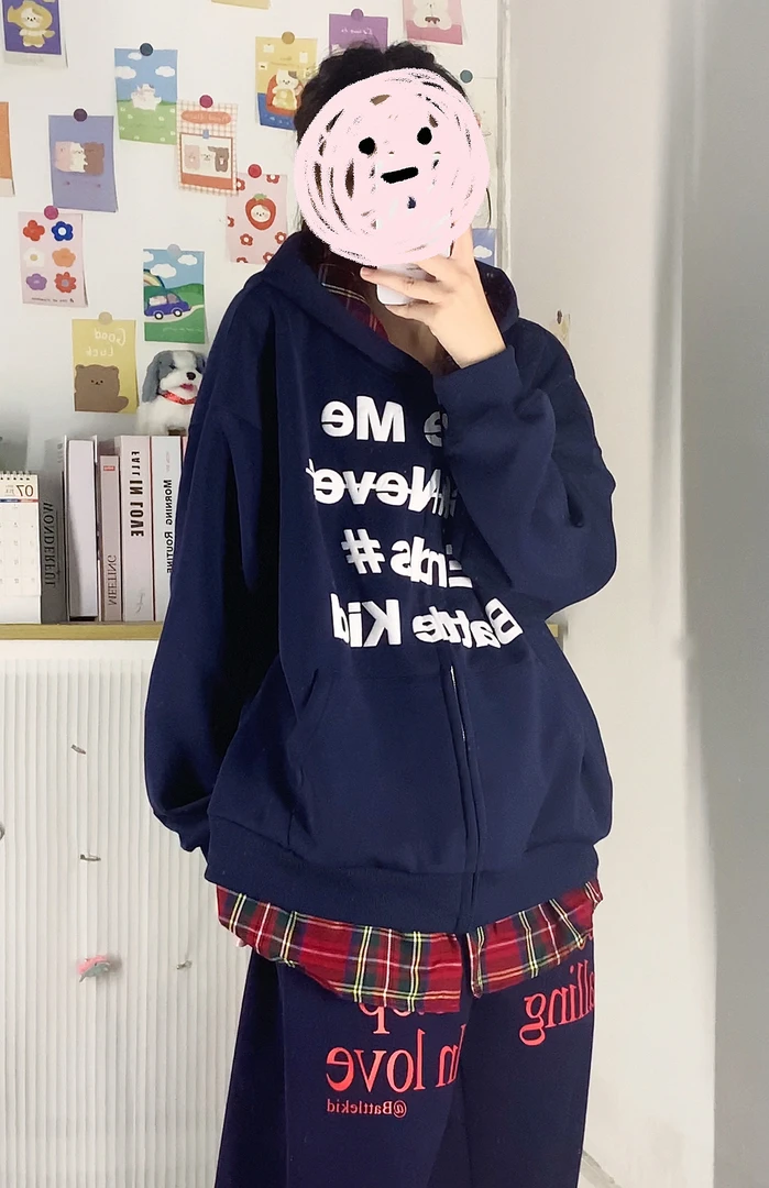 【格子拼接】秋季新款美式街头假两件格子连帽卫衣宽松外套个性潮流