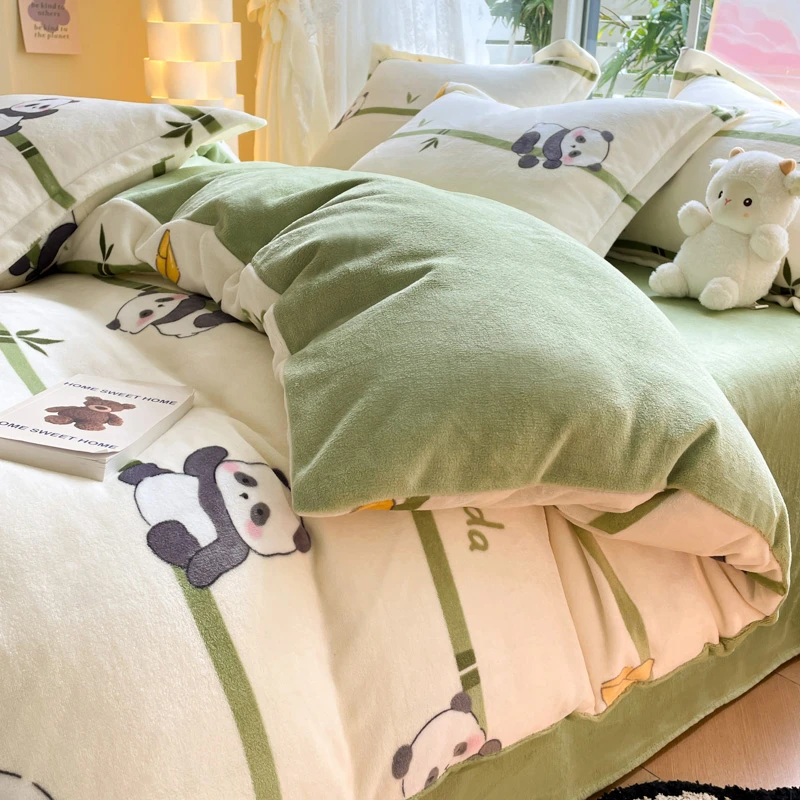 牛奶绒四件套冬季加厚珊瑚绒被套儿童卡通床品双面加绒床单三件套