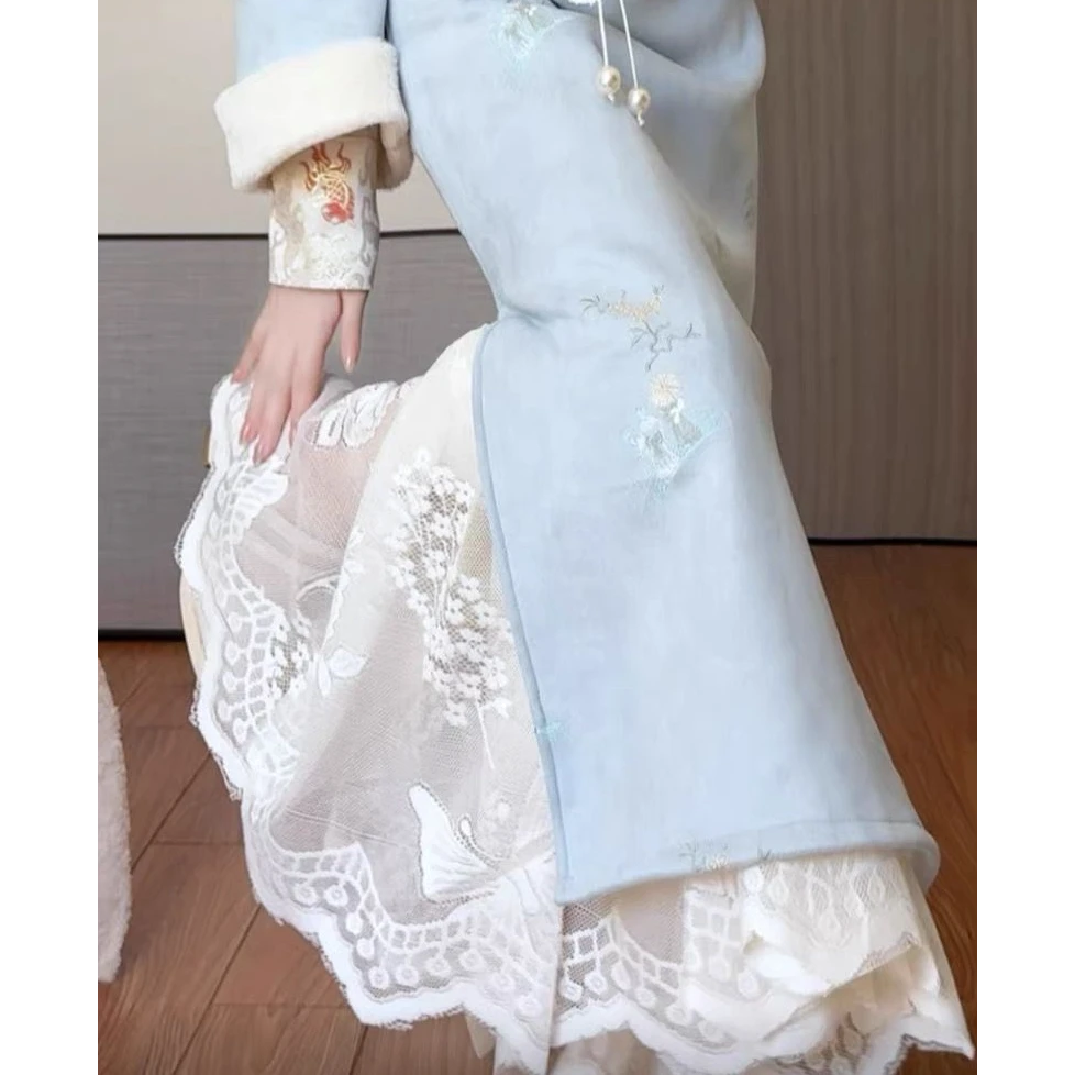 旗袍内搭衬裙百褶半身裙秋冬叠穿复古加绒打底蕾丝纯色大摆半身裙