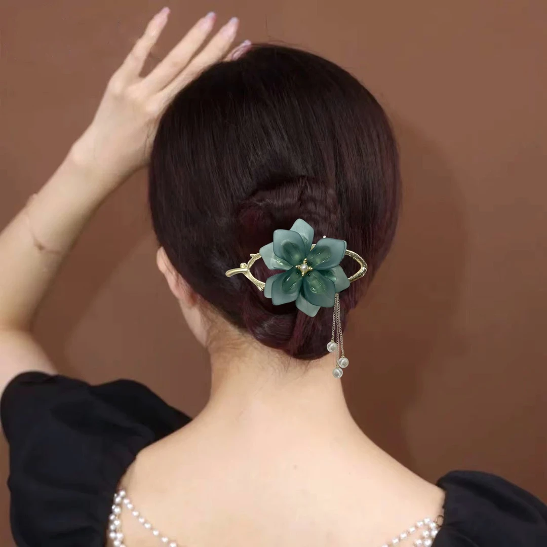 合金布艺发饰 孔雀蓝花朵发夹古风女后脑勺青蛙扣流苏一字夹横夹