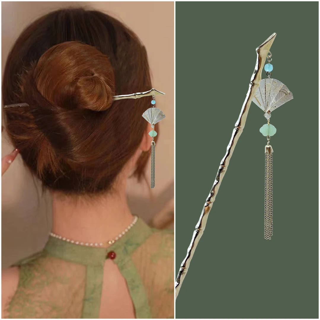 合金发饰 气质古风扇子流苏发簪中式旗袍头饰高级感盘发簪子发钗