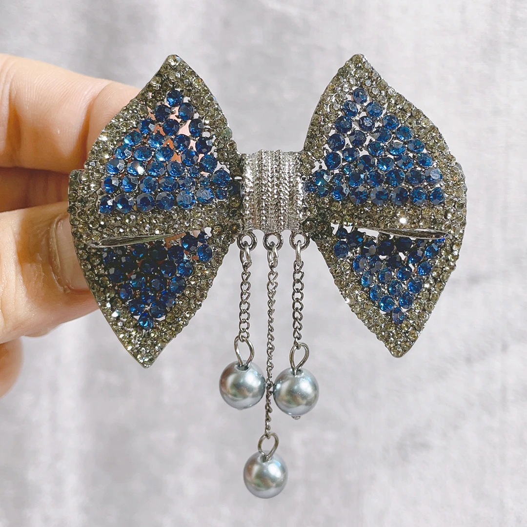 时尚宝蓝蝴蝶结发夹高级气质流苏弹簧夹半扎满钻头饰