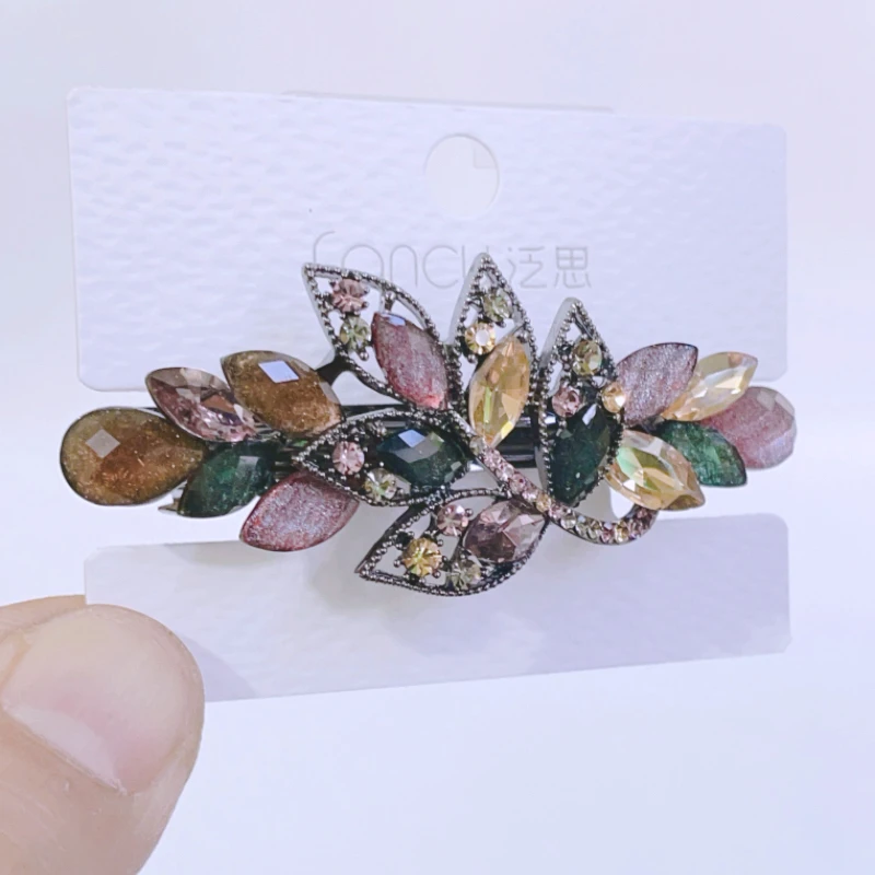 气质五彩奥钻树叶发夹精致高级感后脑勺半扎发弹簧夹金属发卡顶夹