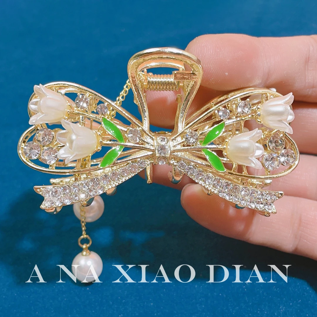 合金发饰 铃兰花蝴蝶结抓夹中号盘发抓鲨鱼夹头饰发夹后脑勺发卡